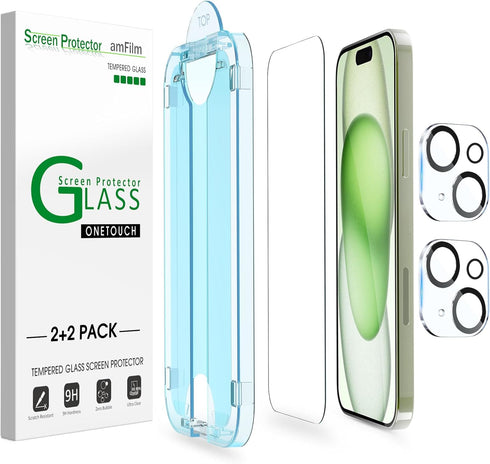 amFilm OneTouch 2+2 Pack for iPhone 15 Plus 6.7" Screen Protector Tempered Glass with Camera Lens Protector, Easiest Premium Installation Kit, Bub...