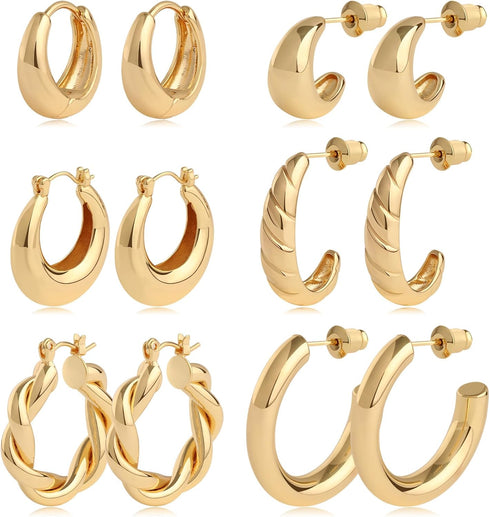 Gold Hoop Earrings Set 14k Real Gold Plated Huggie Earrings Hypoallergenic Chunky Twisted Thick Jewelry for Multiple Piercing Christmas Gift for W...