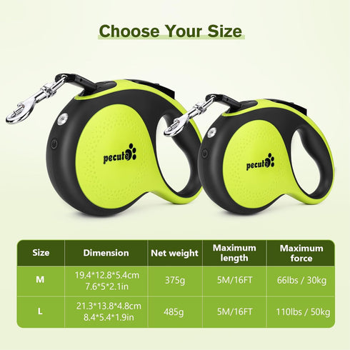 Pecute 16 ft Retractable Dog Leash with Light Rechargeable, Dog Leash Retractable to 66lbs, 360° Tangle-Free, Nylonup Leash, One-Button Control, R...