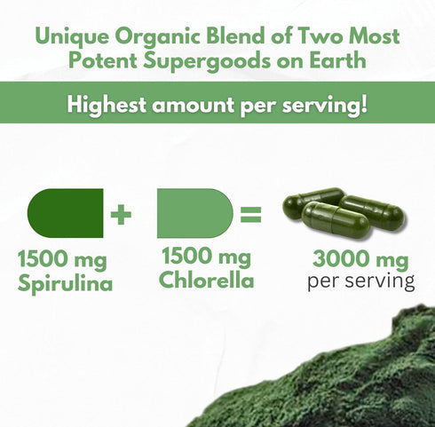 Chlorella Spirulina Powder Capsules Organic 3000 mg of BMAA Free Purest Blue Green Algae - Best Natural Detox Raw Vegan Vitamins Protein Green Sup...