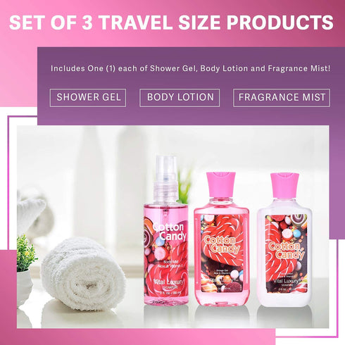 Bath & Body Care Travel Set - Home Spa Set with Body Lotion, Shower Gel and Fragrance Mist, Valentines Day Gifts for Her and Him(Cotton Candy)...
