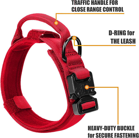 Tactical Dog Collar Military Dog Collar Adjustable Nylon Dog Collar Heavy Duty Metal Buckle with Handle for Dog Training,with Patches (Red, M)...
