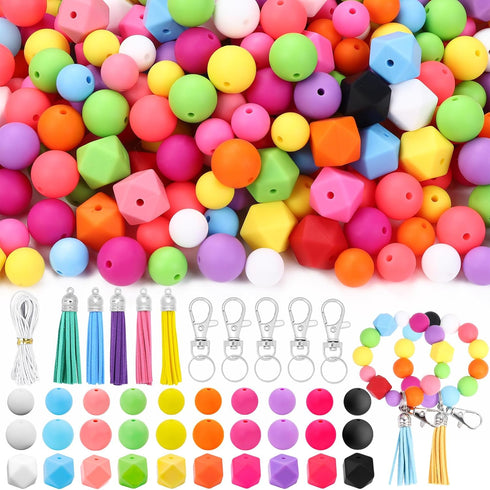 131 PCS Silicone Beads for Keychain Making Kit,12mm 15mm Round 14mm Polygonal Rubber Beads Multicolor Bulk Silicone Loose Beads for DIY Necklace B...