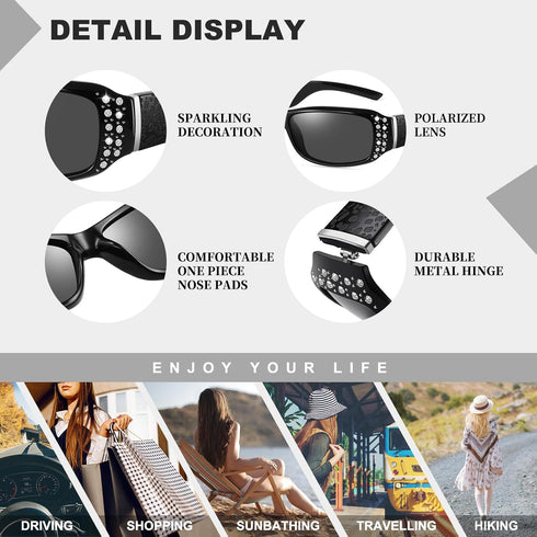 Women's Polarized Rhinestone Sunglasses - Elegant Rectangle Frame with Bling UV400 Protection...