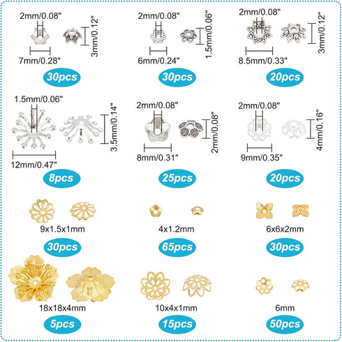 PH PandaHall 278Pcs Bead Caps, 12 Styles Flower Bead Cap Spacers Brass & Alloy Bead Cap Bails End Charm Caps Spacer Beads for Earring Bracelets Ne...