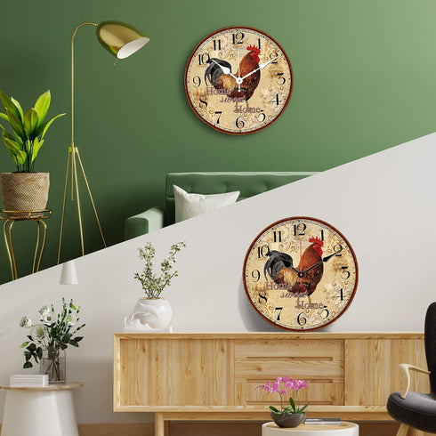 TAHEAT 14 Inch Rustic Rooster Wall Clock Retro Silent Non Ticking Easy to Read Clock, Battery Operated Decorative Wall Clocks for Kitchen/Living R...