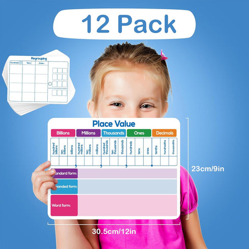 12 Pack Place Value Dry Erase Board Card,12" x 9"Regrouping Base Ten Small Whiteboard Math Manipulatives Addition Subtraction Game for Student Cla...