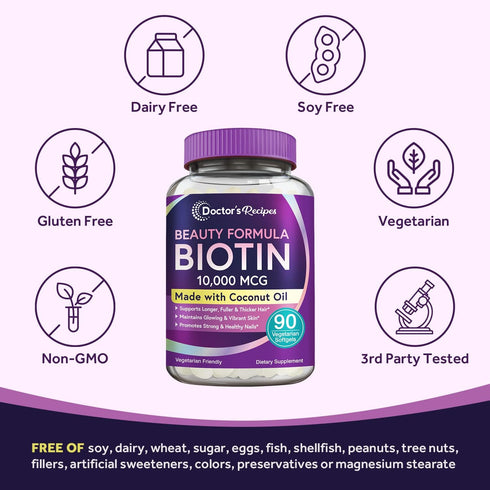 Doctor's Recipes Biotin 10,000 mcg, Hair Growth, Healthy Skin & Nails, Energy Metabolism, Vegetarian-Friendly Biotin, with Coconut Oil, Non-GMO, 3...