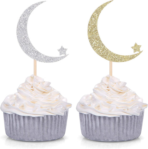 Handmade Twinkle Twinkle Little Star Cupcake Toppers Baby Shower Decoration Star and Moon Picks - Silver and Gold (24 Counts)...