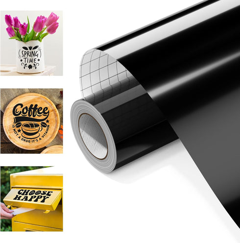 Black Permanent Vinyl 12" x 10ft Roll, Glossy Adhesive Vinyl for All Cutter Machines, for Home Decal, Permanent Vinyl for DIY, Art Craft Decor, Cu...