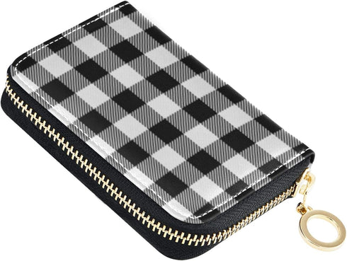 White Black Check Plaid RFID Credit Card Wallet, Microfiber Leather Zipper Card Case Holder for Women...
