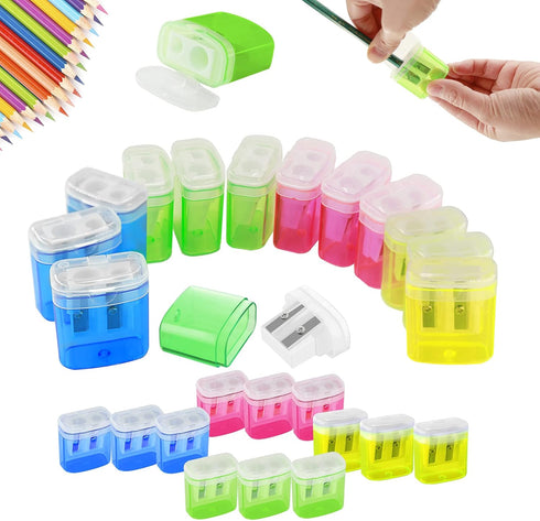 Dual Hole Pencil Sharpener - 24 Pieces Pencil Sharpeners Manual with Lid for School Home Office,Angel Tree Compact Handheld Pencil Sharpener Assor...