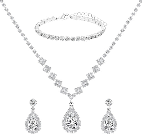 Bridal Silver Jewelry Set for Wedding, Hypoallergenic Crystal CZ Tennis Bracelet Dangle Earrings Necklace Set, Rhinestone Teardrop Wedding Jewelry...