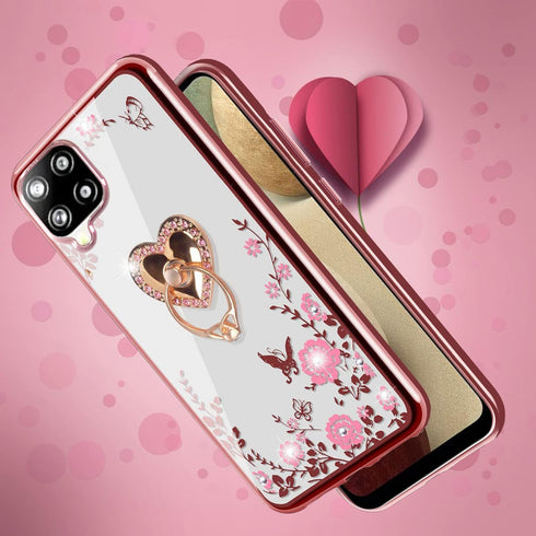 B-wishy for Samsung Galaxy A12 5G Case, Glitter Crystal Butterfly Heart Floral Slim Luxury Bling Diamond Rhinestone Cute Girls TPU Case with Ring ...