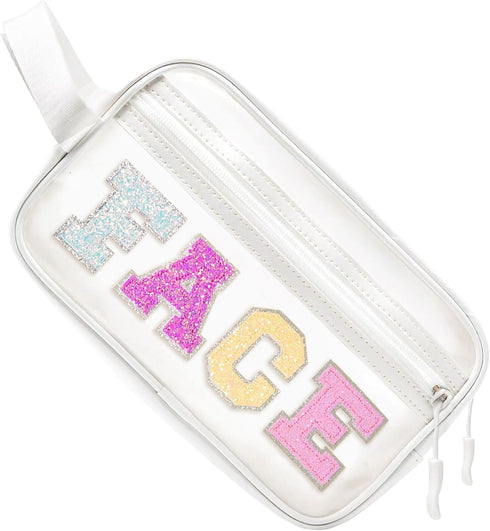 Clear Preppy Patch Makeup Bag Cosmetic Pouch with Glitter Bling Letters for Women Teen Girls Sister, Make Up Travel Stuff Organizer Cute Stylish T...