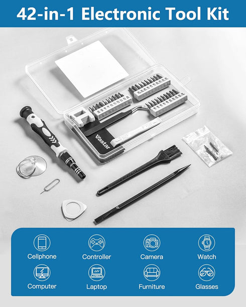Vastar 42 in 1 Precision Screwdriver Set, S2 Electronics Tool Kit with T5 T6 T7 T8 T9, Triwing Y00, Star P5 etc, Mini Repair Kit for Computer, Pho...