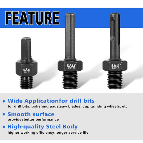 SALI 2PCS Core Drill Bit Adapter 5/8"-11 Thread Male to 3/8" SDS Plus Shank and 3/8" Triangle Shank 5/8" -11 Male Drill Bit Adapter for Threaded D...