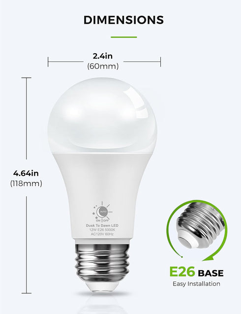 LOHAS Dusk to Dawn Sensor Light Bulbs Outdoor, A19 12W(100 Watt Equivalent) LED Bright Porch Lighting, Daylight White 5000K, 1100LM, Auto-On/Off, ...