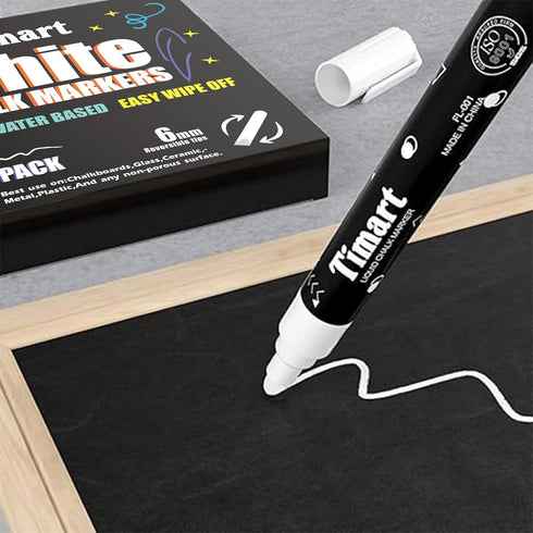 Timart 8 Pack White Chalk Markers, 6mm Liquid Chalk Markers for Chalkboards Signs, Blackboards, Windows, Glass- Reversible Tip, 24 Chalkboard Labe...