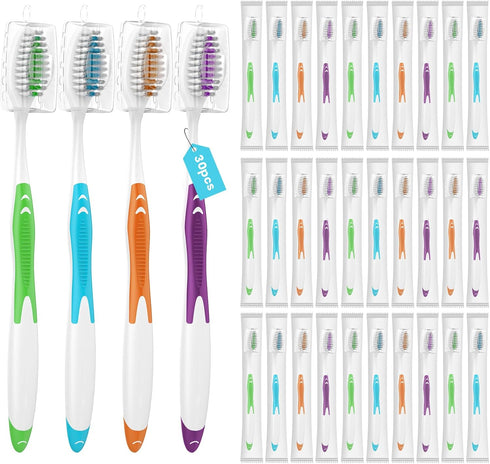 30 Pack Bulk Toothbrushes with Covers, Individually Wrapped Tooth Brush Pack for Adults & Kids, Disposable Toothbrush Medium Soft for Travel, Dona...