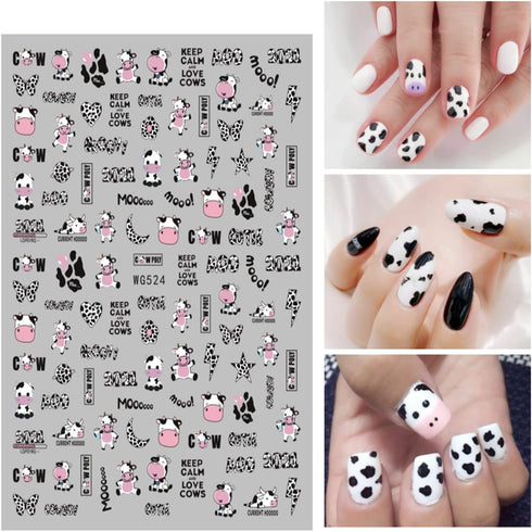 Cute Cow Nail Art Stickers, Cartoon Cow Nail Decals 3D Self-Adhesive Nail Sticker Design Holographic Cattle Nail Art Decal Decoration for Women Gi...