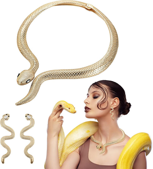 Fumete Gold Snake Choker Necklace and Snake Studs Earrings Set Snake Earrings for Woman Snake Jewelry Costume Set Costume Statement Snake Shape Co...