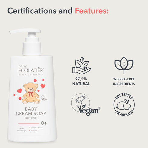 Gentle Baby Cream Soap for Soft and Caring Cleanse, 250ml - With Olive Oil & Cotton Extract, 98% Natural, Vegan kids body wash - Delicate Skin Nou...