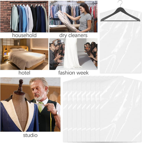 10Pcs (24 x 36 In) Clear Plastic Clothes Covers, Dry Cleaners Bags Hanging Dust-proof Clothing Protector Covers Garment Bags for Home Storage Clot...