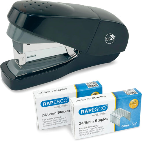 Rapesco 1688 ECO Less Effort Flat Clinch Stapler with 2000 Type 24 High Capacity 1/4" Staples, 35 Sheet Capacity, Black...