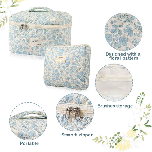 2 Pcs Cotton Quilted Makeup Bag Set, Floral Cotton Cosmetic Bag, Aesthetic Toiletry Travel Organizer Bag for Women Girls (Large+Medium)...
