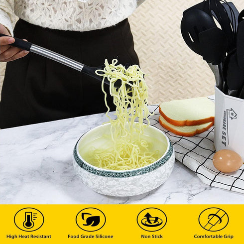 Silicone Pasta Fork,Spaghetti Spoon Kitchen High Heat Resistant Noodle Spoon Server,Food Grade Pasta Spoon with Stainless Steel Handle (Black)...