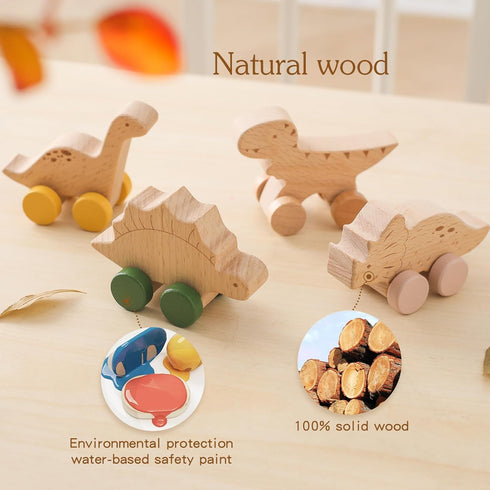 Wooden Dinosaur Cars Montessori Toys for Babies Baby Push Car Toys Wooden Toy Vehicles Development and Infant Grasping Montessori Toys(3PCS)...