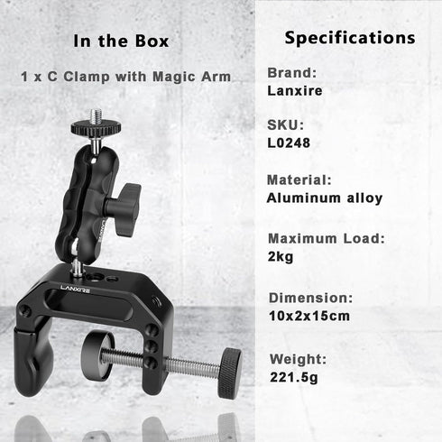 Camera Mount Clamp with Mini Magic Arm - 1/4" and 3/8" Threaded Holes - for Camera, Action Camera, Flash, Light, Microphone, Camera Clamp Adapter ...