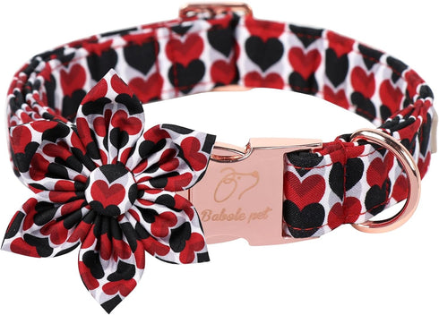Valentine Dog Collar for Large Dog with Flower Tie, Red&Black Love Heart Male Dog Collar with Safety Metal Buckle Adjustable Puppy Collars for Sma...