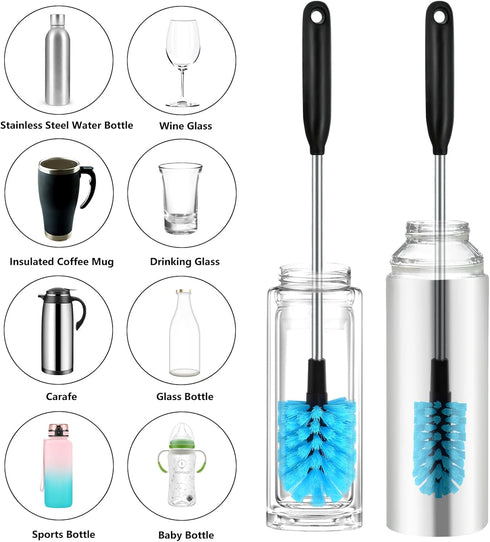2-in-1 Stainless Steel Long Handled Water Bottle Brush, Multi-Purpose Bottle Scrubbing Brush, Soft Bottle Brush, Glassware Brush, Water Bottle Cle...