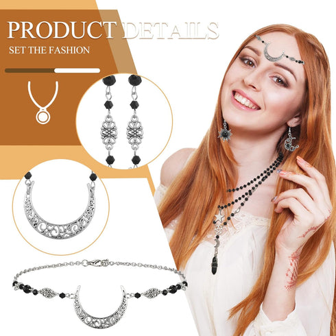 3 Pcs Halloween Gothic Sun and Moon Jewelry Set Head Chain Multilayer Star Choker Crystal Earrings (Silver,Boho)...