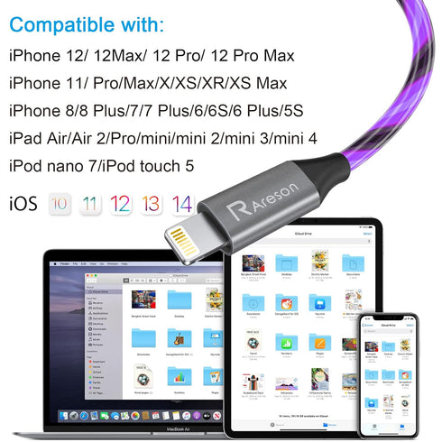 Light up iPhone Charger Cord, LED Lightning Cables 1 Pack | Apple MFi Certified | USB Fast Charging Cord for Apple iPhone 13 12 11 Pro Max XR XS X...
