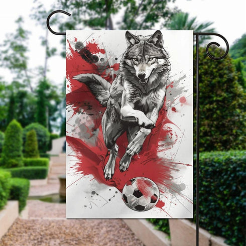 Wolf Playing Soccer Garden Flag Silver And Black House Yard Flag Seasonal Holiday Outside Holiday Decoration Home Decor Double Sided Flag 12x18inc...