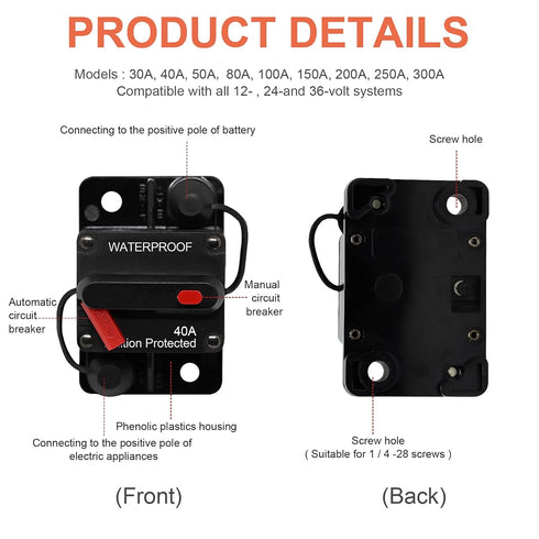 40 Amp Circuit Breaker with Manual Reset Waterproof Inline Fuse Inverter for Marine Trolling Motors Boat ATV Manual Power 12V-42VDC (40A)...