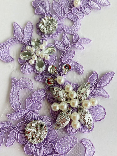 Zbroh Fine Lace Fabric Patches Embroidered rhinestones Trim Applique Decor Dress Decoration sew on sequins beads accessory one pair (light purple)...