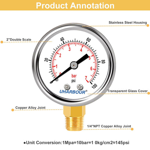 Lead-Free Pressure Gauge 1/4 NPT 0-100 Psi 2" Dial Stainless Steel Case, 1/4 NPT Lower Mount Pressure Gauge...