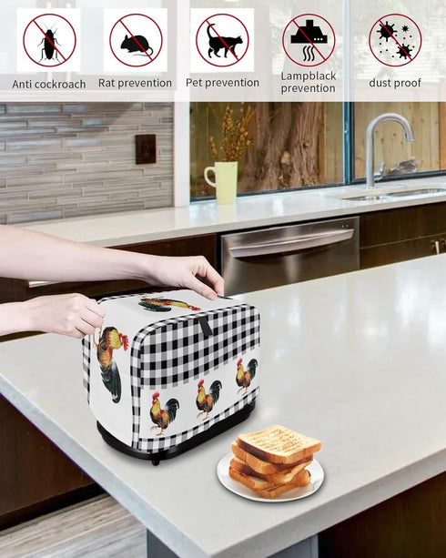 Toaster Dust Cover with Pockets, Rooster Summer Farm Style Black White Buffalo Plaid Soft Washable 2 Slice Toaster Cover, Dust-proof Cover for Sma...