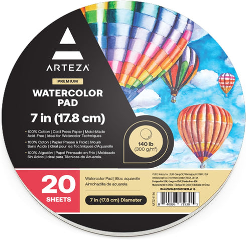 ARTEZA Watercolor Paper, 20 Sheets, 7 Inch Diameter Round Paper Pads, 140lb/300gsm, 100% Cotton, Cold Press, Acid Free Art Paper...