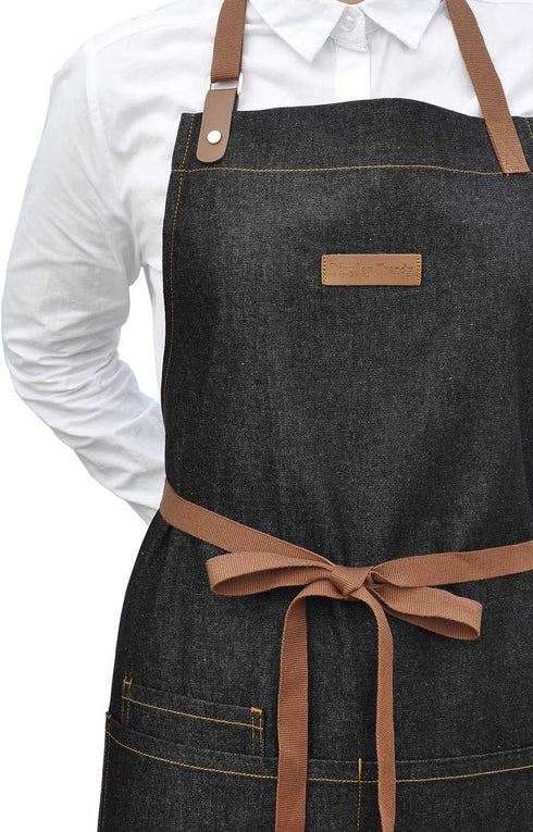 Denim Kitchen Apron with Pockets, Mens Womens Professional Chef Bib Apron for Cooking Grill BBQ Server...