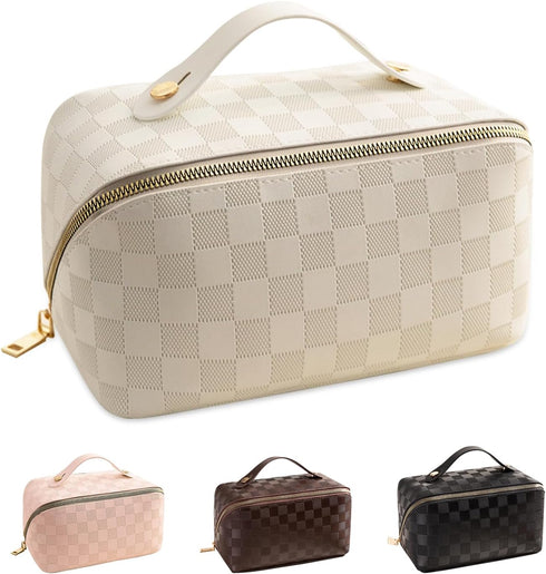 Large Capacity Makeup Bag, Travel Cosmetic Bag, PU Leather Makeup Pouches for Women, Waterproof Portable Large Wide-open Pouch with Divider and Ha...