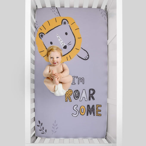 Little Love By Nojo Roarsome Lion, Grey, Yellow, White "I'M Roar Some" Photo Op Fitted Crib Sheet, Yellow, Grey, White, Charcoal...