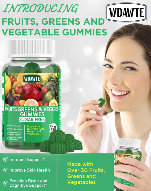 Sugar-Free Fruit and Veggie Gummies — 35+ Greens, Fruit and Vegetable Vitamins to Boost Immunity, Skin & Gut Health — Ideal Fruit and Vegetable Su...