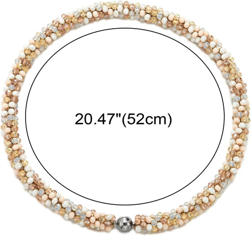 COOLSTEELANDBEYOND Gold Cream White Beads Crystal Statement Necklace Braided Chain Choker Magnetic Clasp...