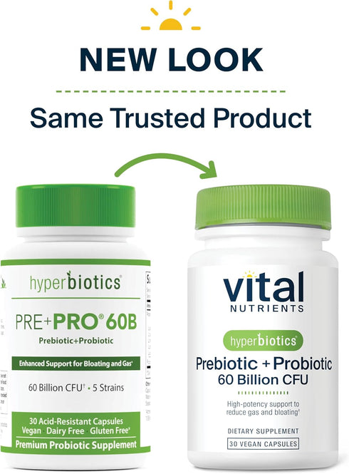 Hyperbiotics Vital Nutrients Prebiotic and Probiotic for Women and Men | 60 Billion CFU | Pre and Probiotics Supports Digestive Health, Constipati...