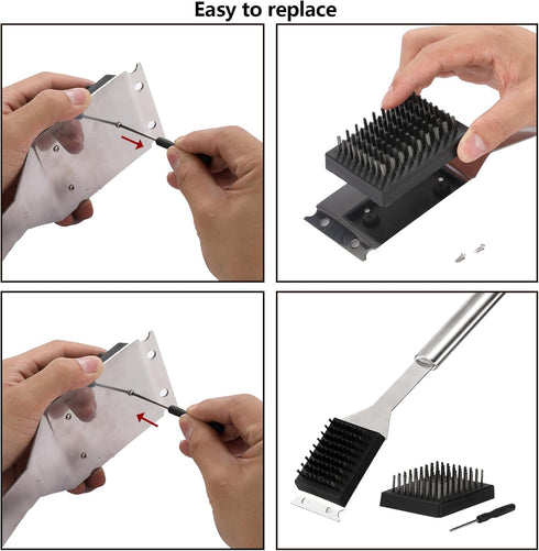 16.5” Grill Brush and Scraper with 2 Brush Replacements & 1 Screwdriver, Wire BBQ Grill Brush for Outdoor Grill, 304 Stainless Steel Cleaning Brus...